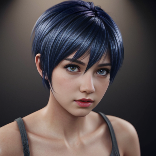 Simple anime. Female. Short blue hair in a short pixie cut. Blue eyes. Head shot.