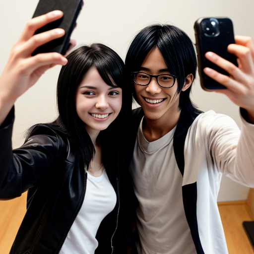 Kabuto Yakushi from Naruto side by side with a young woman with black hair that reaches to her shoulders. She has hazel eyes. She wears a black jacket with a white shirt. They're taking a selfie smiling. Manga style