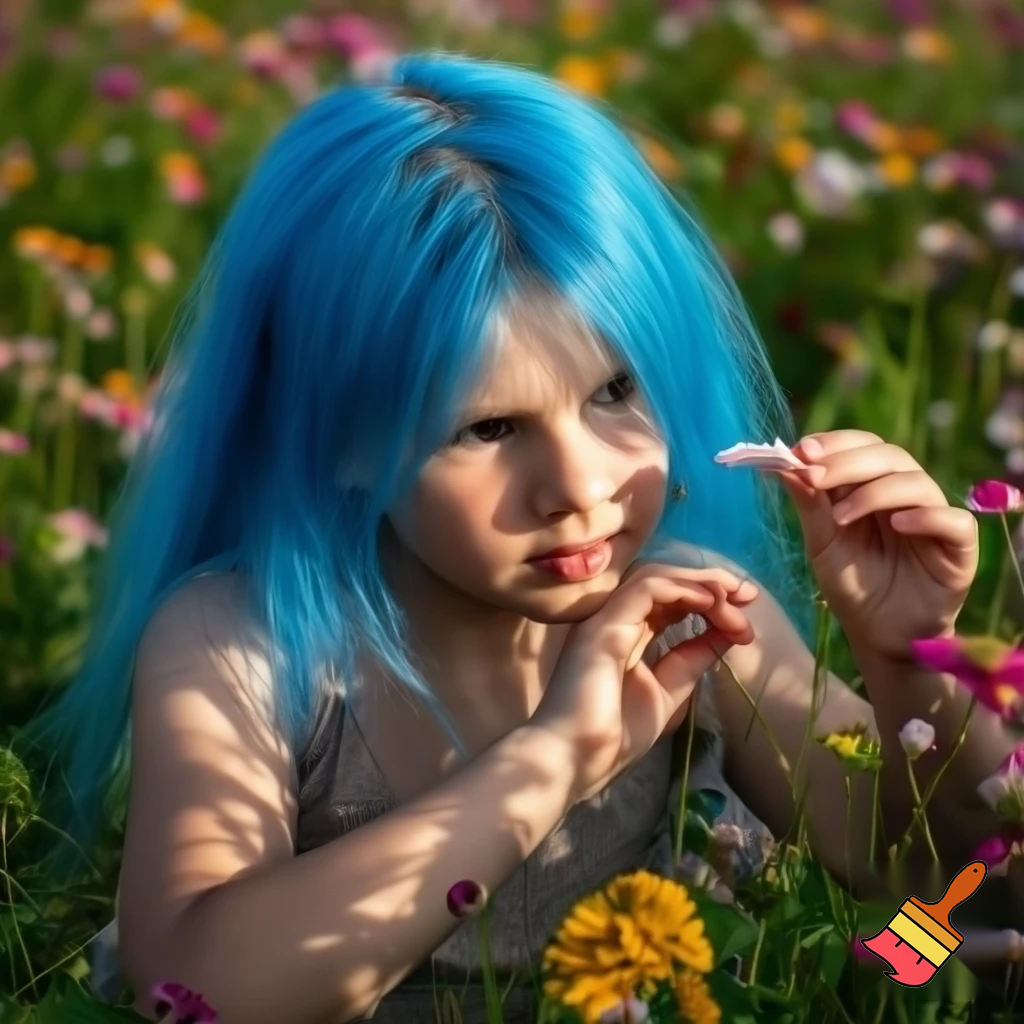 a girl in flowers with blue hair