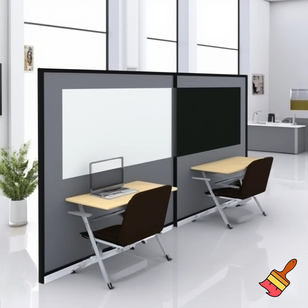 to arbejdsstationer , som består af 2 vægge 1,5 m høje, som står overfor hinanden ( på den ene - er whiteboard, på den anden - en skærm), med et klapbord på  hver væg (under whightboardet og skærmen), 2 stole på begge sider af hvert klapbord. Der er ikke væg imellem stationerne. Der skal være plads og stole til 4 personer