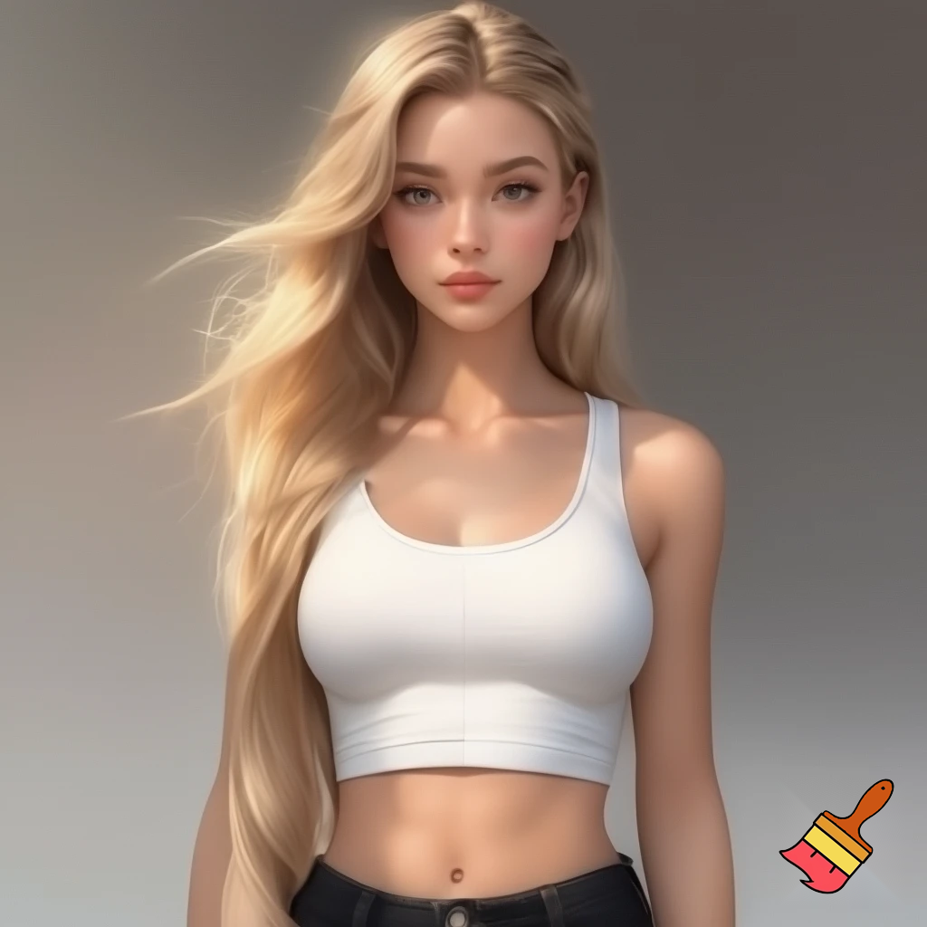 Photorealistic portrait of a blonde woman, approximately 22 years old, with long legs and athletic figure. She has long, naturally flowing blonde hair, light-colored eyes, oval face, almond-shaped brown eyes, average eye spacing, slim straight nose, naturally full lips, soft facial features, harmonious proportion , big boobs and delicate, harmonious facial features. Her overall presence is confident, natural, and modern.  Natural daylight. white croptop, black jeans.” 