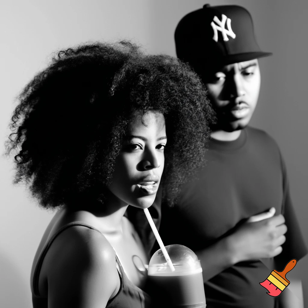 Kelis with a voluminous curly brown hair Afro wearing a orange camisole holding a Milkshake and Nas is wearing a ny hat and a t shirt Black and white image of Kelis and Nas 