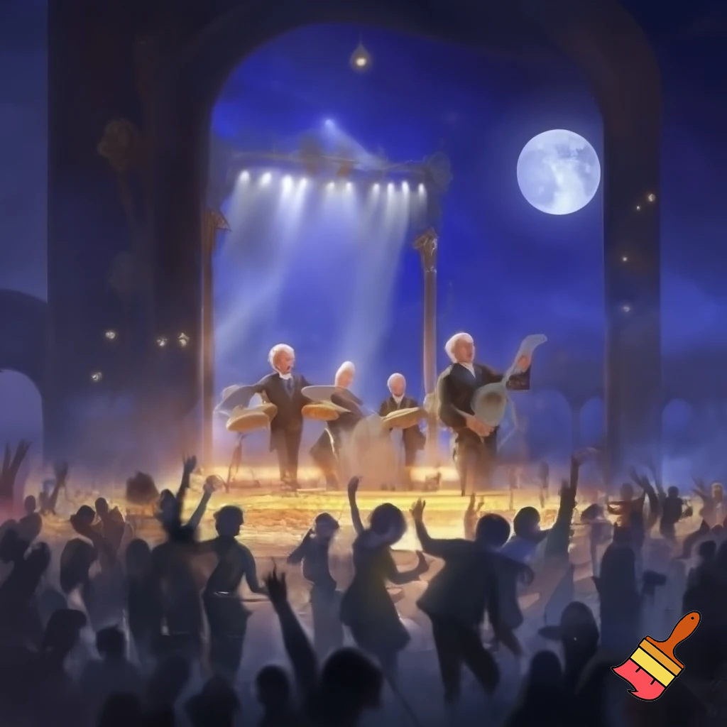 Dancing crowd in moonlight  a five member 
MALe elderly band playing music on stage.
Magical night
