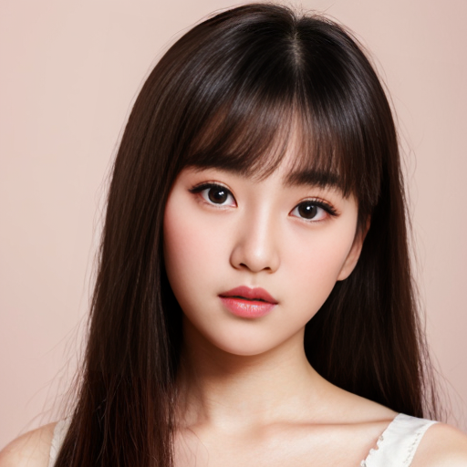 Young woman, heart-shaped face, small delicate chin, full cheeks, big round almond eyes with double eyelids, long thick eyelashes, light brown amber eyes, obvious aegyo sal, straight soft eyebrows, straight nose with small rounded tip, full plump lips with pink natural color, slightly pouty expression, fair porcelain skin, natural makeup, black long straight hair with airy bangs, innocent yet slightly lazy gaze, Korean beauty style, soft lighting, portrait photography
