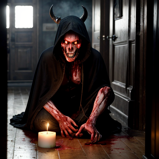 Photorealistic horror scene captured as a raw crime-scene photograph, ultra-detailed 8k cinematic still, dimly lit gothic Victorian hallway with peeling wallpaper and ornate wood paneling, thick eerie green-blue fog rolling across the blood-soaked Persian rug in the center, two young female corpses lying side-by-side on the floor, bodies tightly wrapped in stained bloody bandages and gauze soaked dark red with fresh and dried blood, exposed pale skin showing livor mortis and early decomposition, long dark matted hair splayed out, lifeless faces with eyes half-open and glassy, severe wounds and blood pooling around them, ritualistic arrangement, at the far end of the corridor stands a tall menacing demonic entity resembling Baphomet or Satan, 7-8 feet tall, wearing tattered black hooded cloak with frayed edges, large curved goat-like horns protruding from hood, glowing intense red demonic eyes piercing through shadows, snarling fanged mouth visible, clawed hands extended, cloven hooves partially visible under robe, surrounded by thick swirling mist and low-lying smoke, mounted animal skulls with long horns (goat/bull) on the walls, flickering candlelight from multiple black candles on small antique tables and floor, scattered human skulls and occult debris, arterial blood splatters on walls, heavy atmosphere of occult ritual and death, shot on Canon EOS R5 with 35mm f/1.4 lens, shallow depth of field, sharp focus on foreground bodies and demon face, realistic skin textures pores veins blood viscosity, practical lighting with harsh shadows and rim light, HDR, no stylization, pure hyperrealistic forensic horror photography, documentary style, --ar 3:2 --v 6 --stylize 150 (or lowest) --q 2