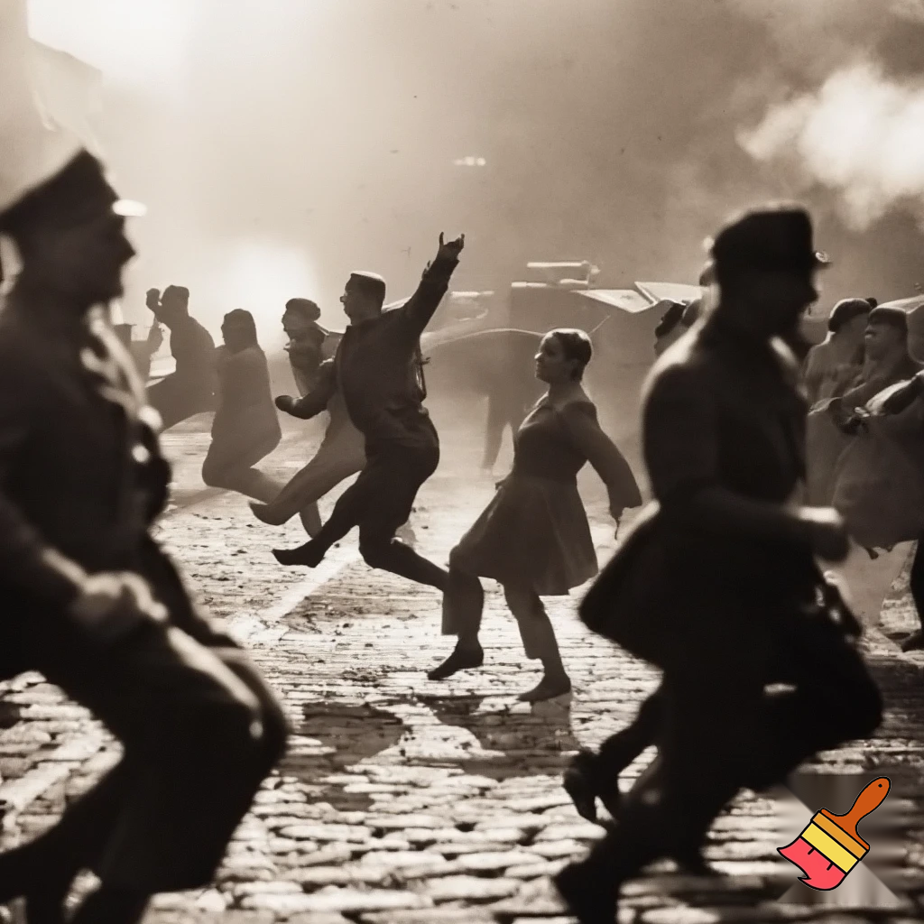 Historical looking photo of the Polish resistance in 1939, pushing back the advancing nazi invasion with a snazzy jazzercise routine
