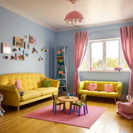 Mother duck, plain duckling, pink bow duckling girl, twin blue bow tie duckling girl, red cap duckling and colourful multi umbrella duckling's pink living room, yellow kitchen, blue bathroom, green children's bedroom and rainbow parent's bedroom inside the red duck apartment.