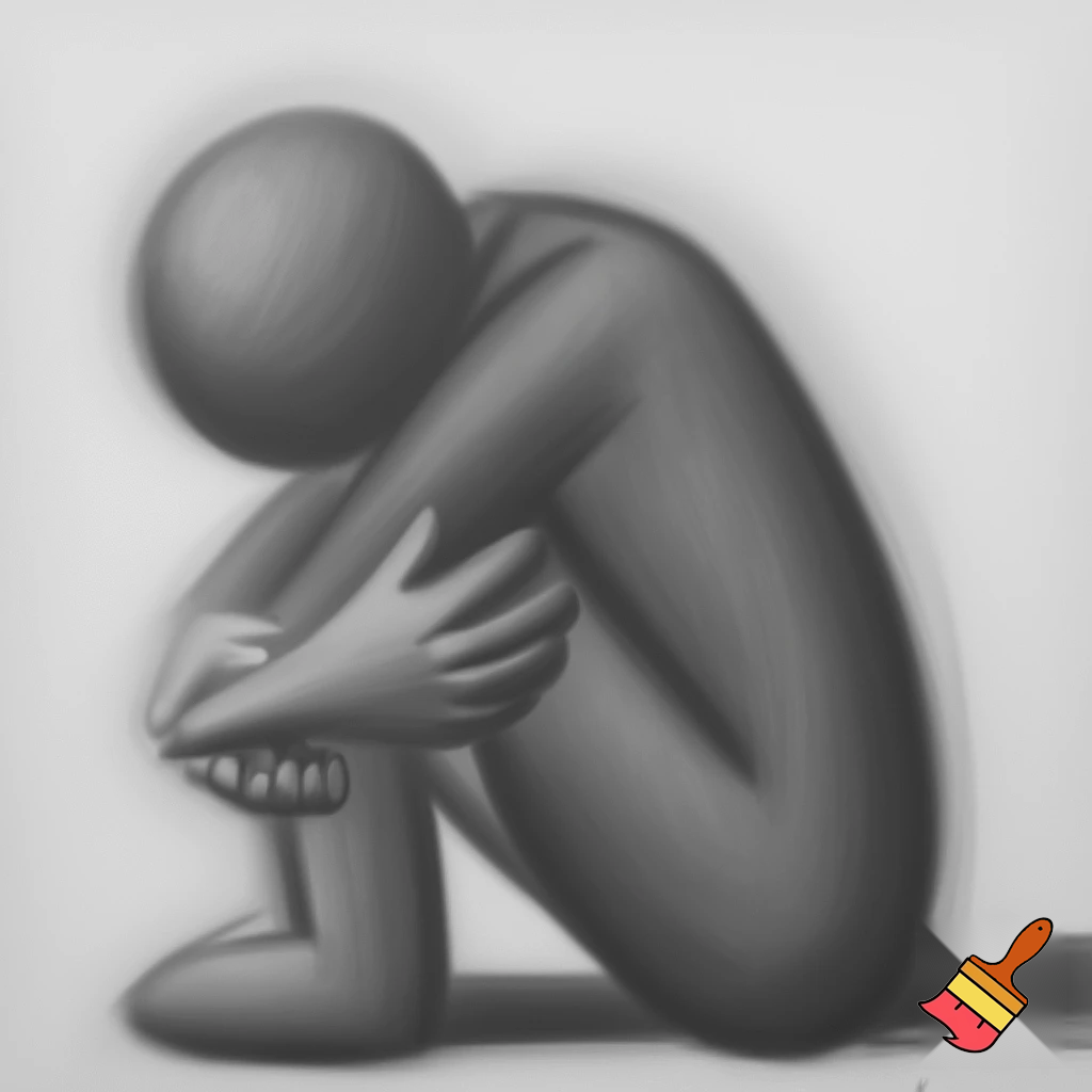 a figure sitting hugging there knees with hands pointing at them in charcoal