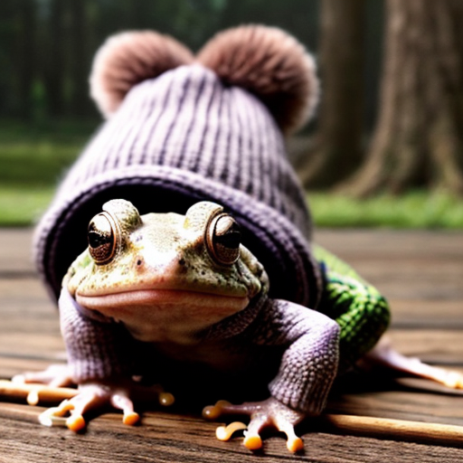 A laughable, puzzled animal toad in woolen, multicoloured winter clothings with woolen winter cap. Hyperrealistic art style.