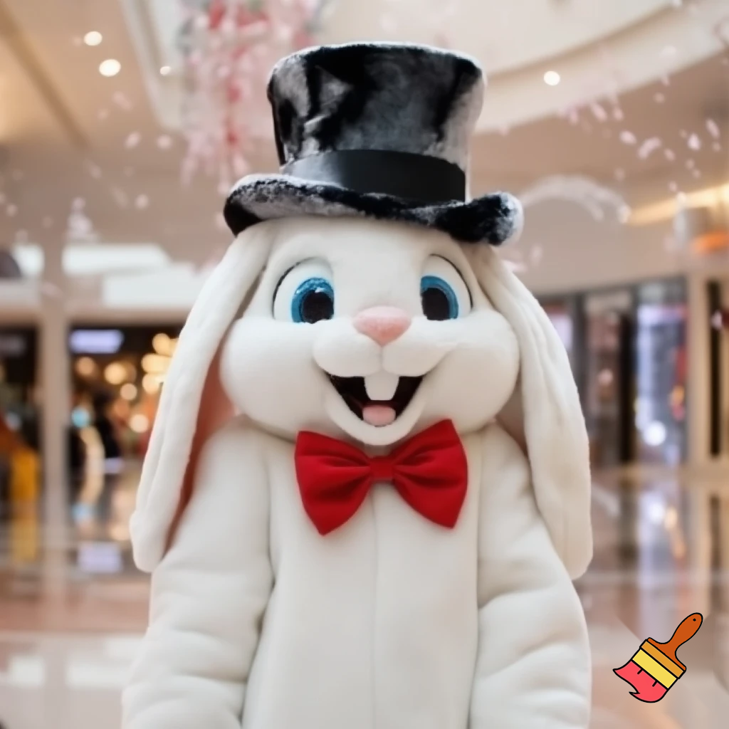 Easter bunny mascot costume shopping Centre winter top hat