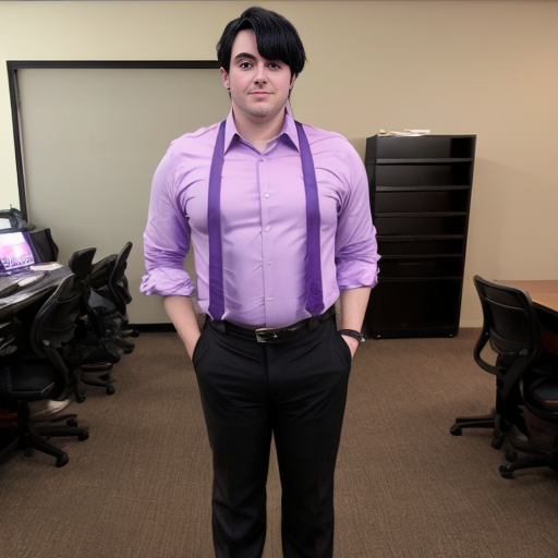 a anime tall guy with black hair purple eyes business pants
 