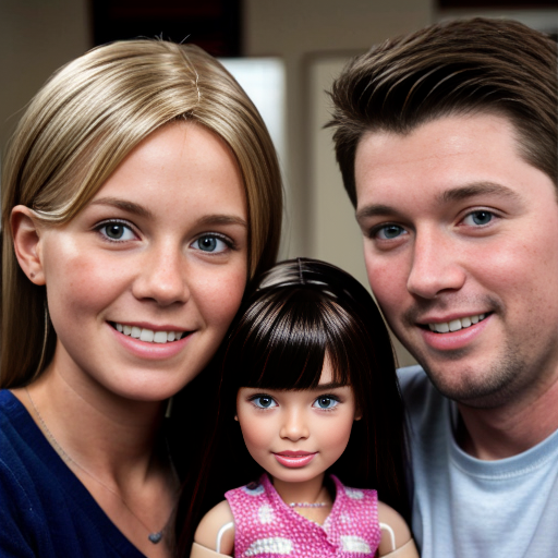 make a family photo of 3 with a 3 year old barbie and a 15 year old ken with there dad let me hug ken