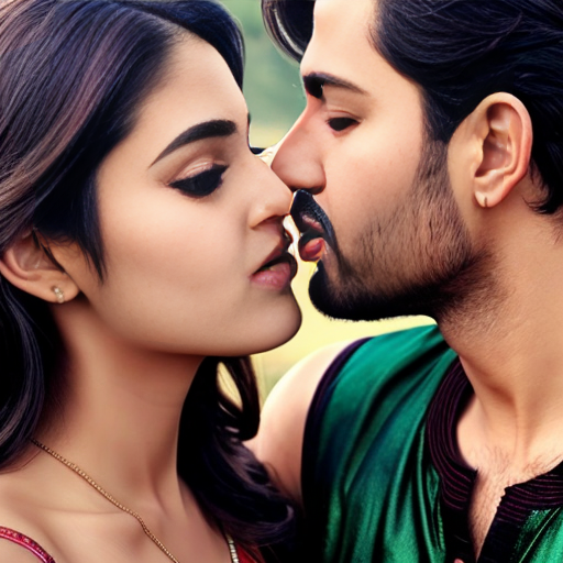 A girl wear green salwar kamiz with adult boy without shirt kissing 