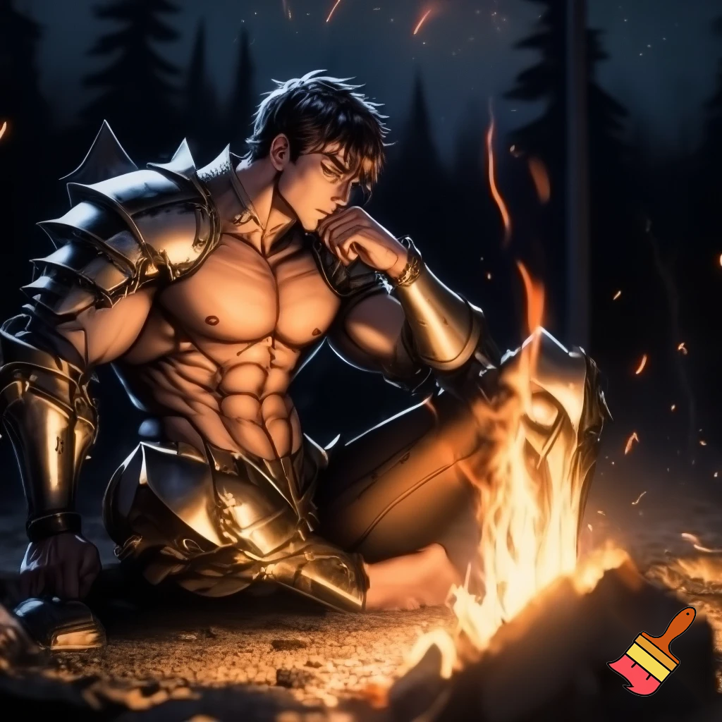 A hansom anime knight with abs and pecks with his armour off sitting around a campfire with his shirt off and only 