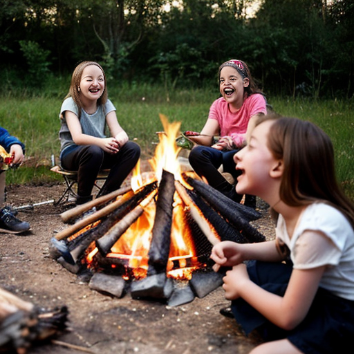 create a campfire with 7 10 year old girls and one boy, they are having fun, in a cute style
