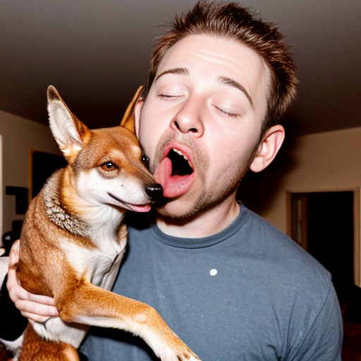 a guy with a dingo on his head and he is licking the screen aggressively 