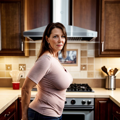 40-year-old woman with large breasts naked in the kitchen