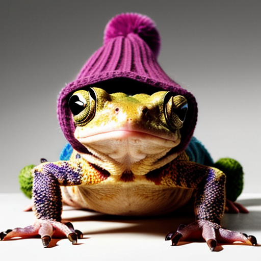 A laughable, puzzled animal toad in woolen, multicoloured winter clothings with woolen winter cap. Hyperrealistic style.