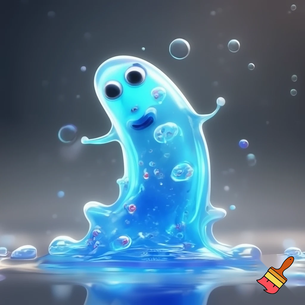 A bouncing slime creature made of bright blue gelatin full of floating bubbles inside. The body stretches and squishes with each movement, translucent and shiny like liquid glass. His expression is joyful and playful, with bubbly energy all around him. He looks friendly, silly and lively, like a magical creature made entirely of cheerful slime.
