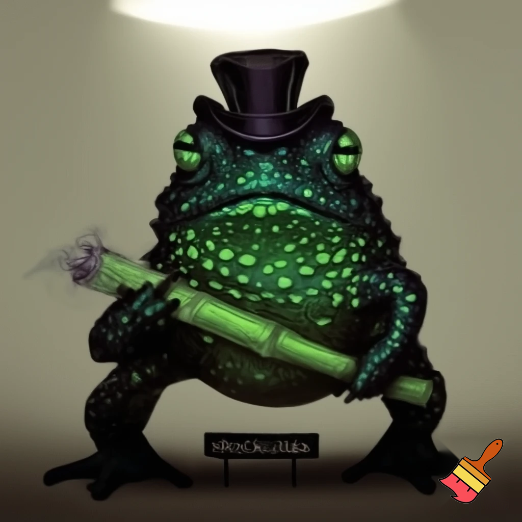toad, dark green skin, light green glands, short tophat, smoking sugercane, frowning, in mugshot, standing, holding sign saying Cane Toad,