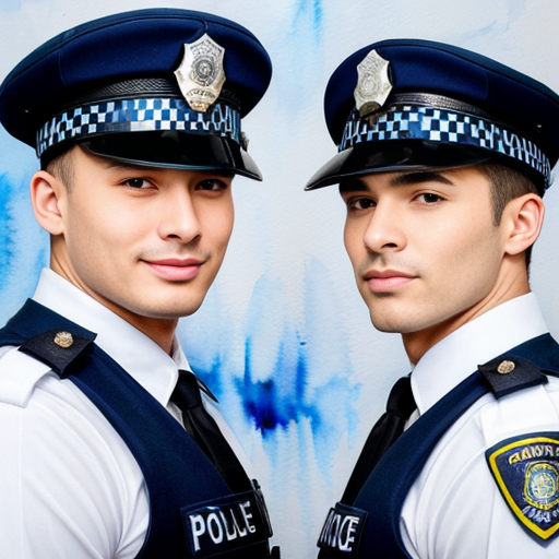 two anime men standing next to each other one wearing half police uniform and a police hat with a visor covering his face and eyes and the other man is wearing full police uniform and a police hat 