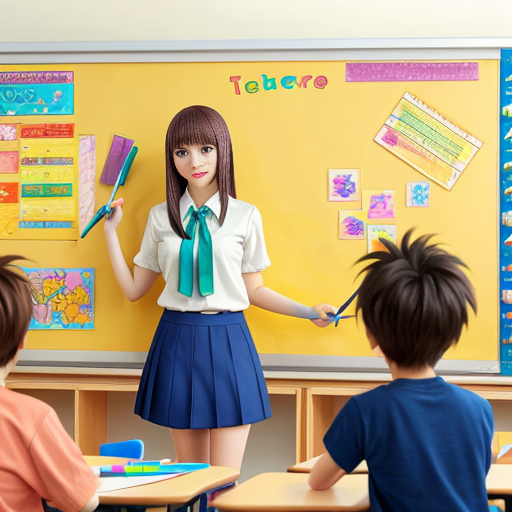 A teacher stands at the board with children around her, drawing