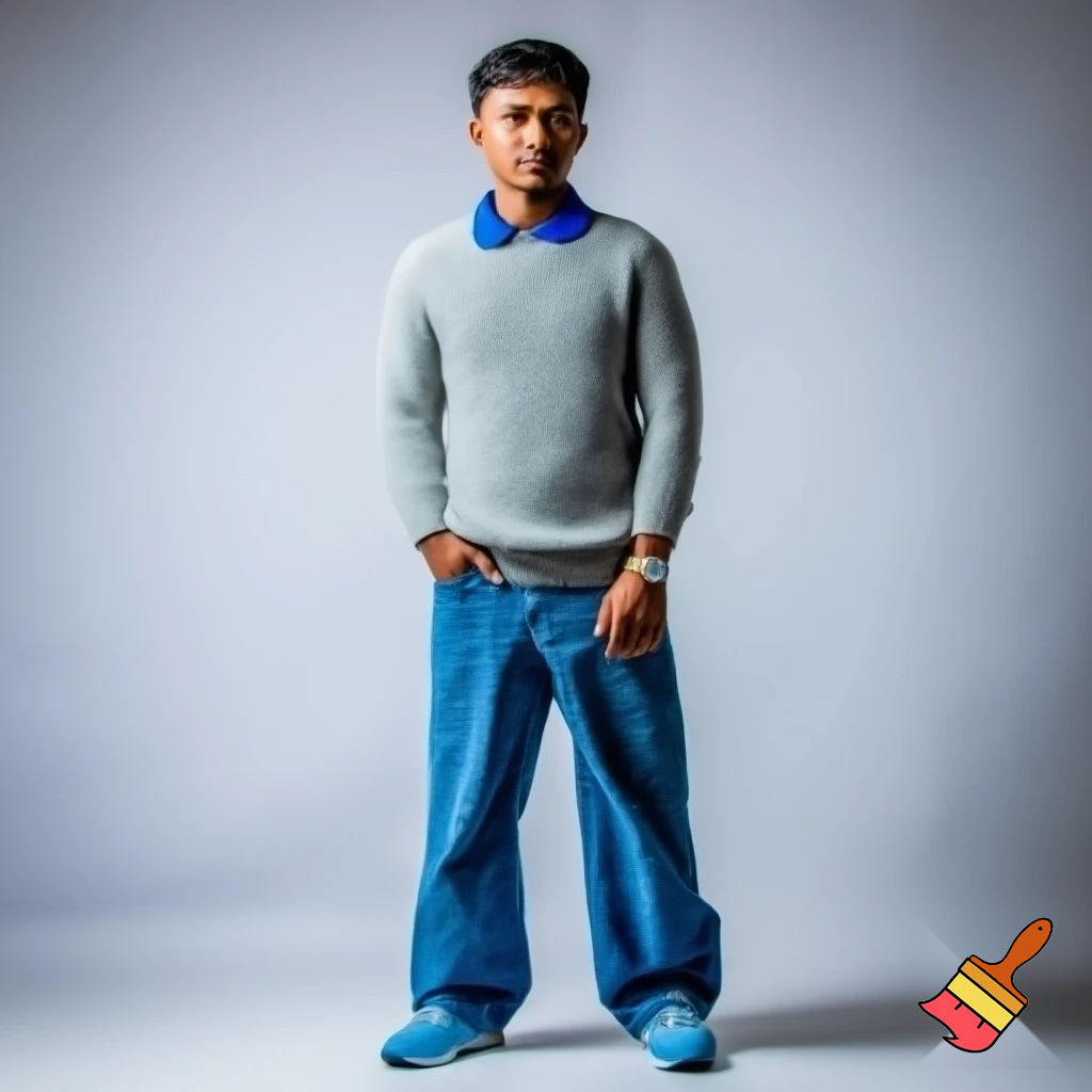 Moos is wearing a grey sweater and a blue baggy jeans and a blue polo. For the accessories Moos is wearing a rolex and blue shoes.  