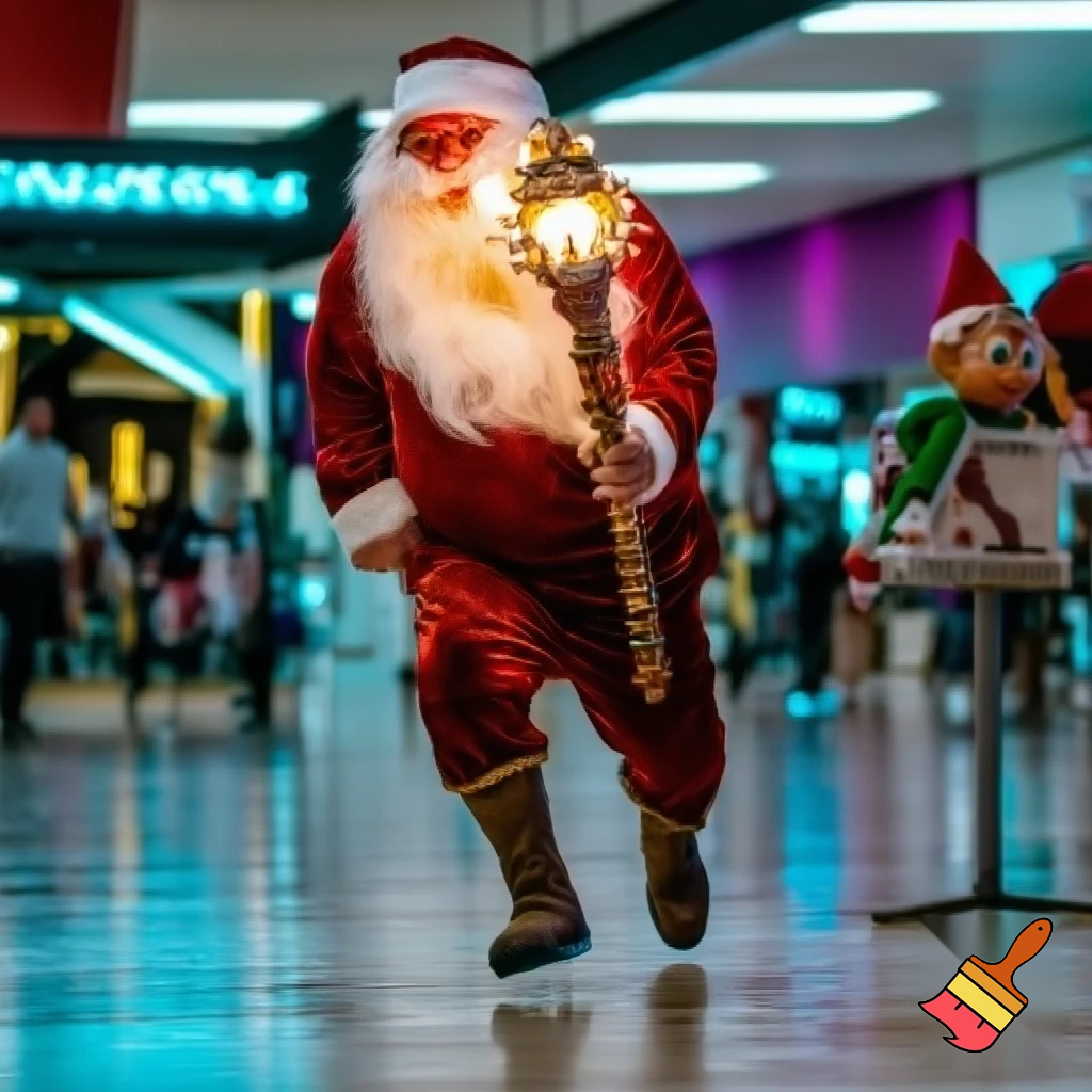Santa Claus running with the walking stick running with his magic walking stick walking in the shopping centre with the walking stick magic staff walking stick affectation the police are on the way the police elf on the shelf