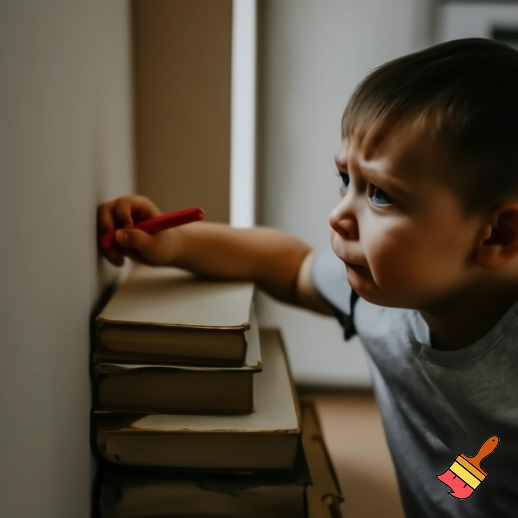 A child standing on four books to reach the wall, holding a single crayon in his hand as he tries to draw on it. Fear is visible on his face, as if he has just seen someone about to scold him. The scene is detailed and realistic, with soft natural lighting, cinematic depth, and expressive emotions. Ultra-realistic, 4k, cinematic realism.