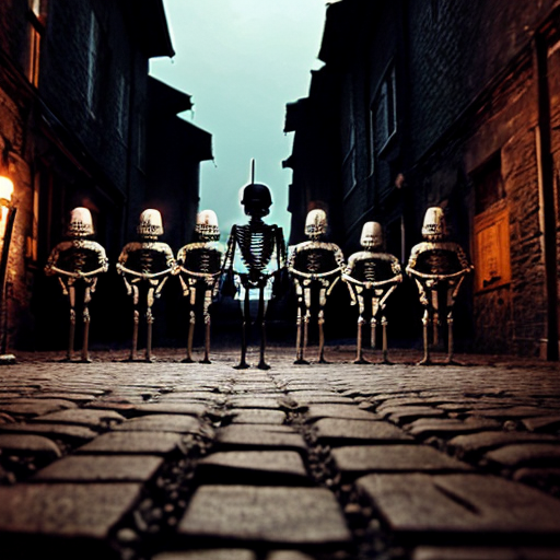 Scene 7 – Accused of Witchcraft
Image Prompt
Hyper realistic transparent skeleton surrounded by armored medieval guards pointing spears toward it, skeleton holding a glowing smartphone defensively, dark medieval street environment with torches casting dramatic shadows on cobblestone ground, cinematic lighting emphasizing the reflective bones.