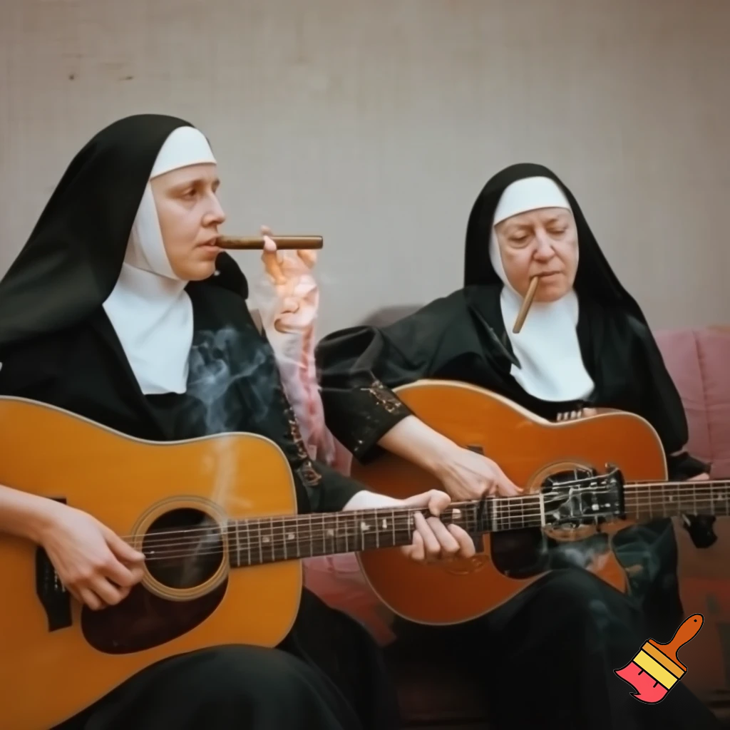 A picture on 2 Nuns smoking cigars called the 'Stogie Sisters'. Its for a duet band playing acoustic guitars.