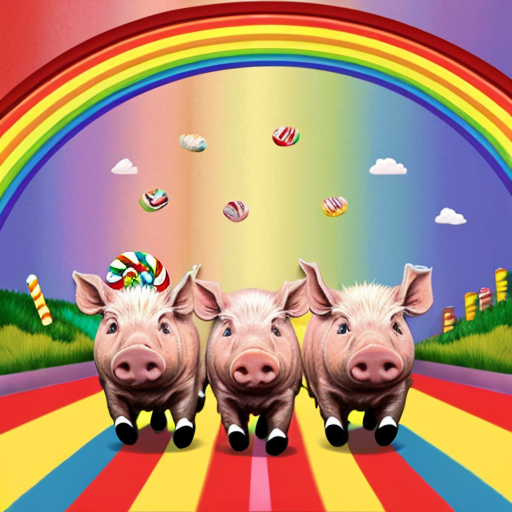 3 pigs who are roomates are walking on a rainbow bridge that oepens up to candy land