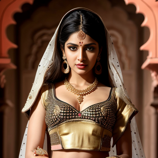 young woman, Bollywood retro style, wearing an elaborate traditional Indian dance costume. She has a highly embellished, fitted choli (blouse) that is cropped, revealing her midriff. The choli is a rich, warm golden-orange color, heavily adorned with intricate sequin work, beadwork, and embroidery, specifically featuring small, sparkling gold sequins creating a textured, shimmering effect across the entire surface. The sleeves are short, extending to just above the elbow, and are also fully embellished.
​She is wearing a matching, equally ornate lehenga (skirt), though only the top portion is visible. It has a visible gold border or waistband and appears to be made of a similar rich fabric with gold embellishments.
​Her head is covered with a dupatta/veil that is intricately draped and pinned, likely in a matching or complementary color, perhaps orange or red, with gold accents.
​She wears a distinctive and elaborate headpiece (maang tikka and matha patti) consisting of multiple strands of pearls or beads that frame her face and forehead, culminating in a central pendant. She has large, multi-layered gold necklaces and prominent earrings, typical of classical Indian jewelry. Her arms are adorned with gold bangles and possibly an armlet. The overall aesthetic is opulent, glittering, and designed for dynamic movement, reminiscent of classic Bollywood dance sequences from the 1980s