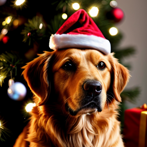 een golden retriever bij de kerstboom met een kerstmuts op