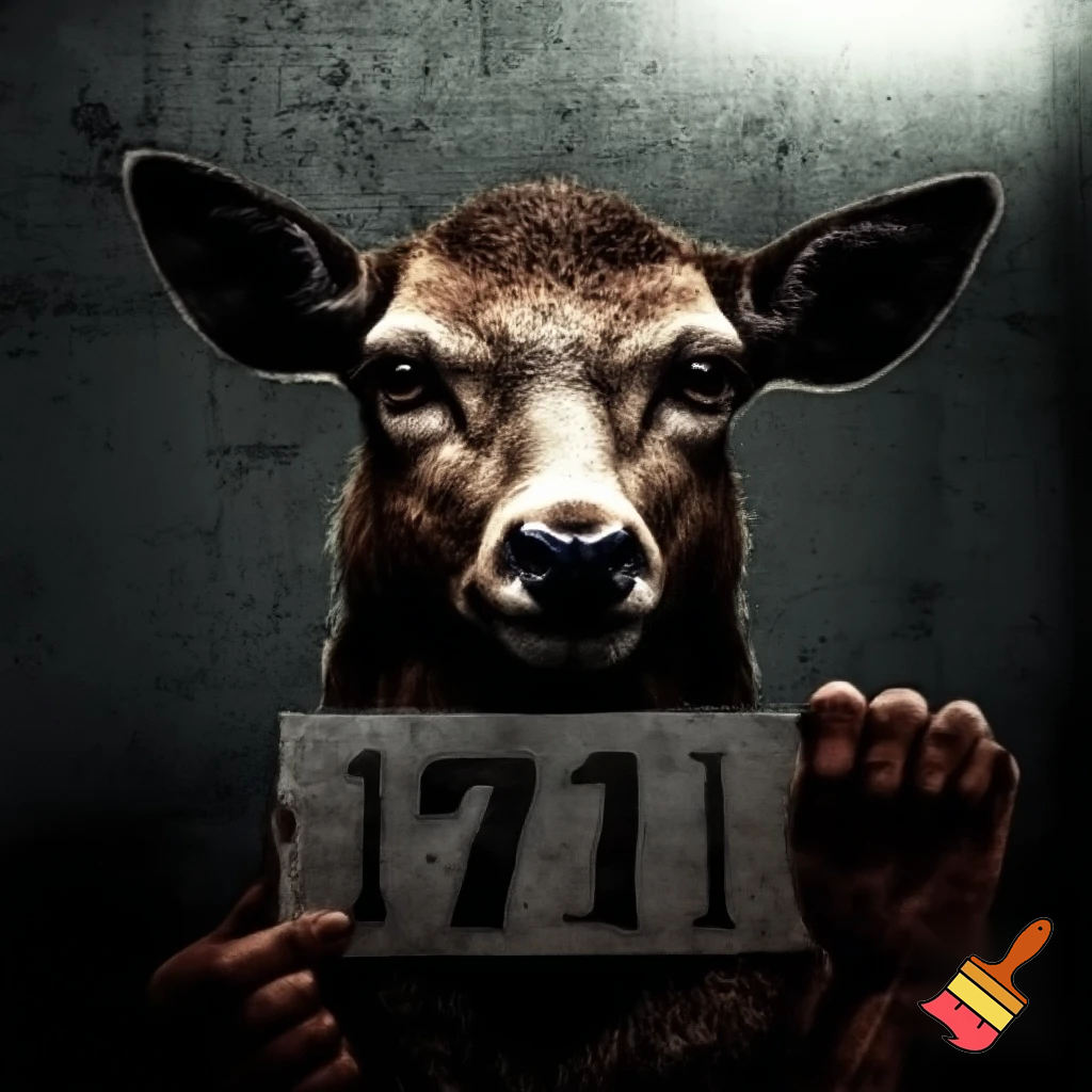 picture of a mugshot deer with scars and a serious face holding a number board
