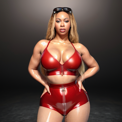 Beyonce  fat juicy in wet in a red latex top with latex skirt with long red nails with honey blonde hair 