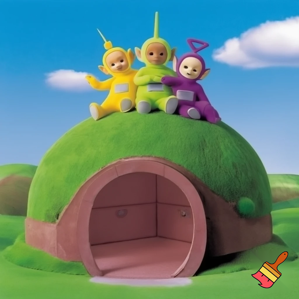 Teletubbies in 1997 sitting on top of their house