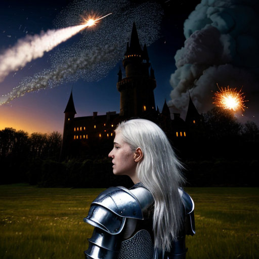 young white-haired woman in armor watches as meteorites fall on her castle