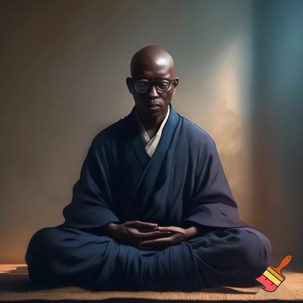 un black zen monk sitting in zazen posture, wearing dark rim glasses