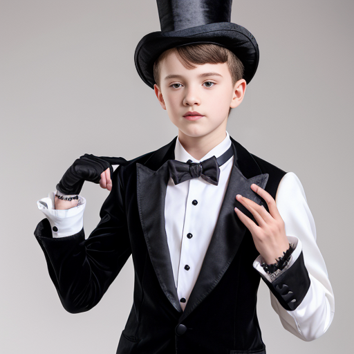 A photo shot of a 15 year old big sister in her black tuxedo jacket, top hat, rose leotard, black bow tie, white gloves, white tights, and black high heel tap shoes and her 13 year old little brother in his black tuxedo jacket, top hat, white t-shirt, black tights and black tap shoes, on stage