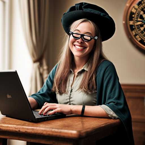 female wizard, laptop, monocle, compass, smiling
