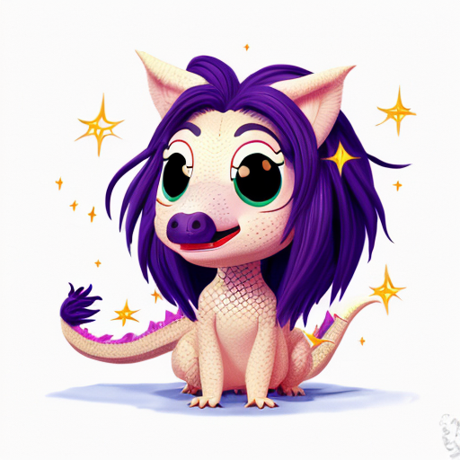 make me a dragon 2 tiny wings, fire breathing, diamond sparkle scales, purple tounge, tufted hair on head, long tail with short barbs, small eyes with hairy eyebrows, large snout with large nostrils