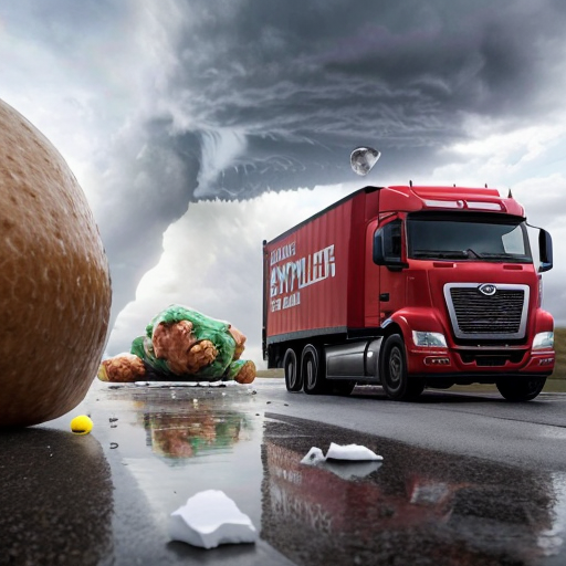 Semi-truck being crushed by giant hailstone