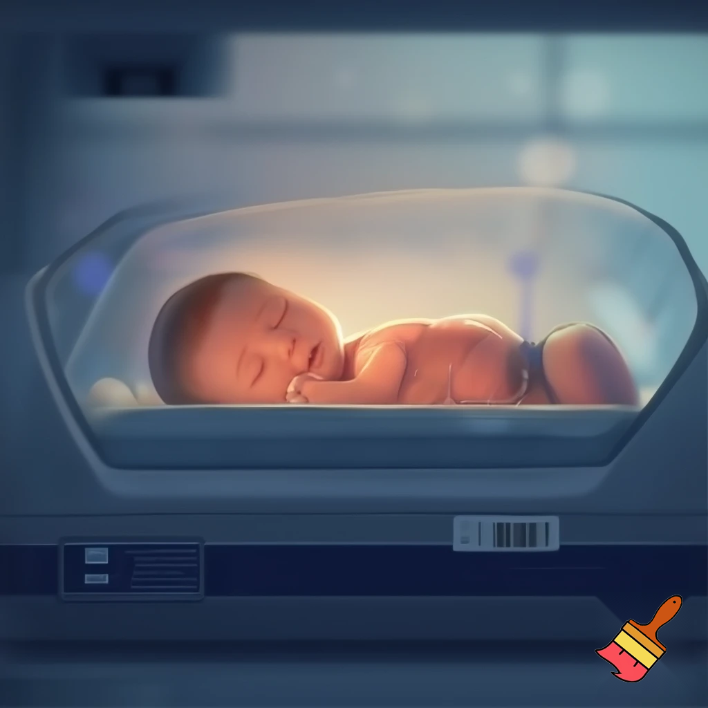 un bebé en una incubadora o cuna con una etiqueta de precio o código de barras 