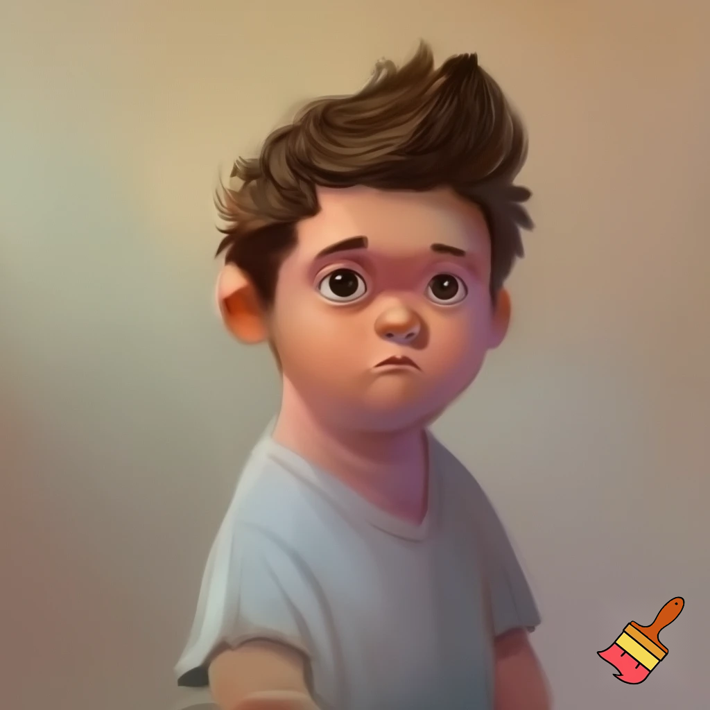 A 13 year old overweight boy with thick brown hair cut into a shape of toilet brush