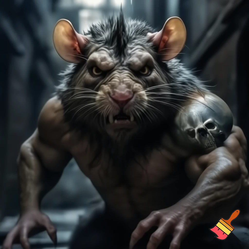 strong tough rat with a evil frowning face and tattoo on its arm
