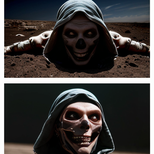 ​A screenshot of a social media feed with two stacked posts, featuring unreadable, distorted text and standard interaction icons. The top post displays two side-by-side images of a distorted, macabre humanoid figure in a tattered gown, covered in tattered cloths, lying on light dirt. The bottom post shows a single image of a messy, desolate space filled with debris and a dark, heavily distorted demon, The entire image must have a low-resolution, weirdcore, "cursed image" style with early AI generation artifacts.