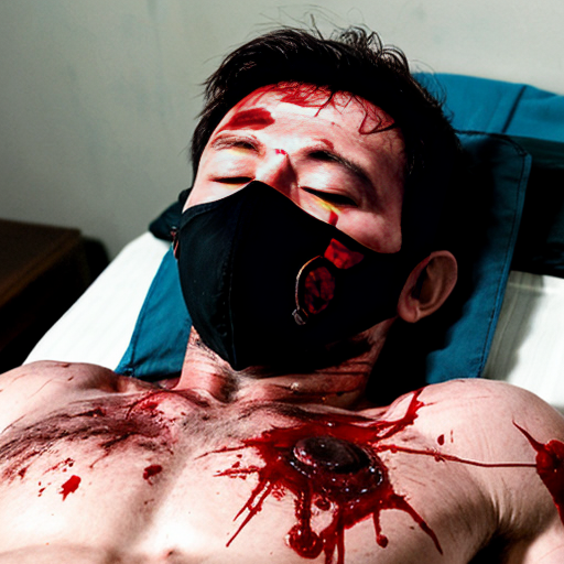 A corpse shirtless man, died, face are wearing mask, eye closed, chest fully opened wounded, blood everywhere.