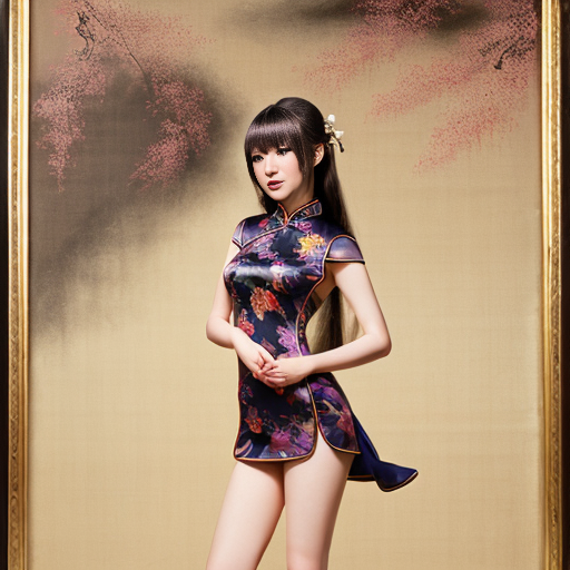 黑色长发女性，完美身材，完美动作，日式二次元手绘，全身照，黑色缎面镂空旗袍，金色镶边中国龙暗纹，亮光白色过膝袜，中式庭院背景，夜景，妩媚的眼神，手拿一节梅花枝，精致画风，完美作品