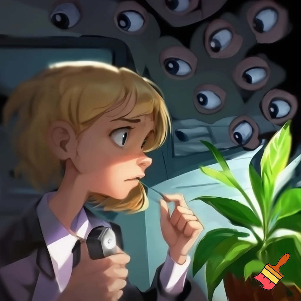 blond girl talking to plant with a spy microphone in his right hand while she is spied for many eyes into a office.